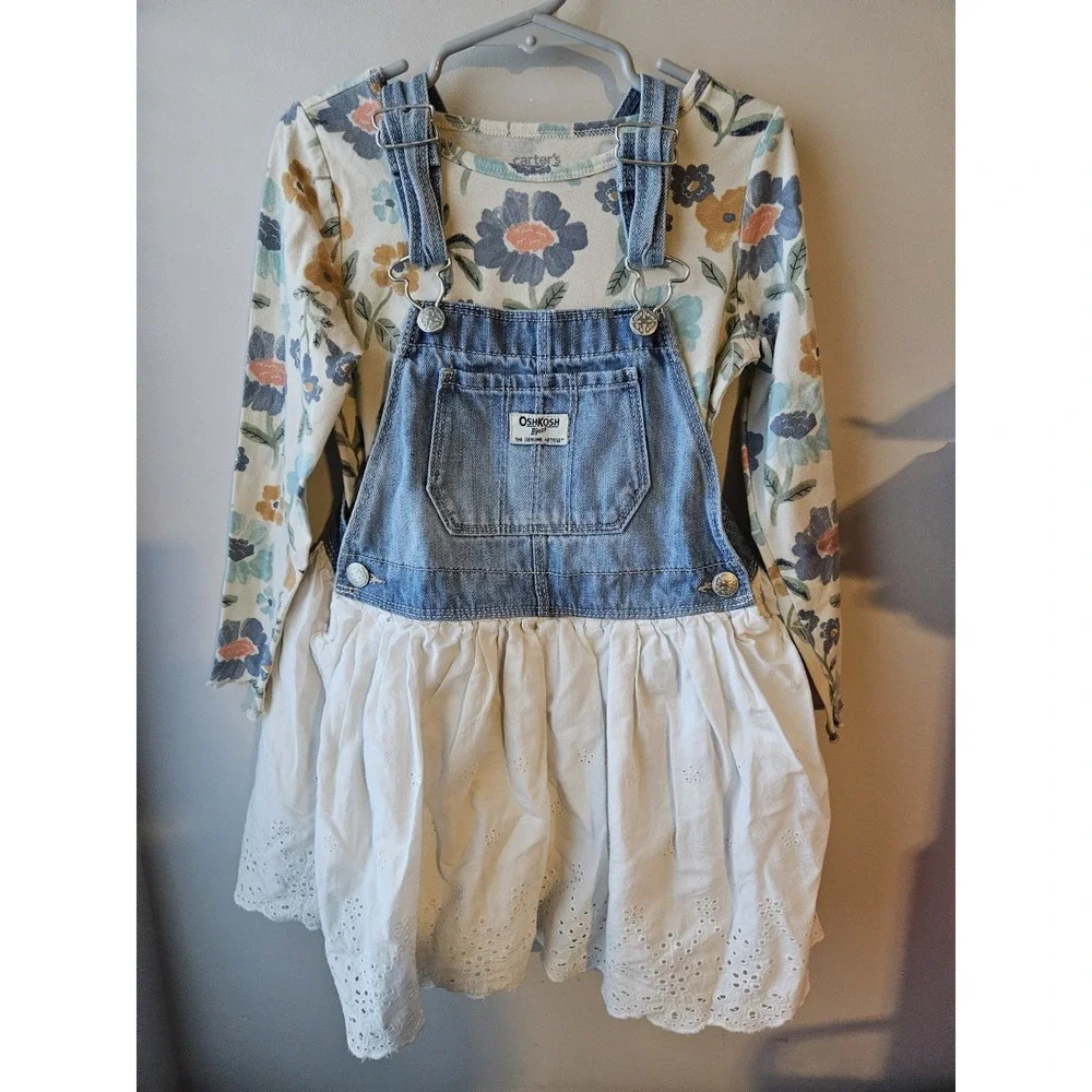 OshKosh B'gosh Denim Overall Dress with Carter's Floral Long Sleeve Top – Size 5